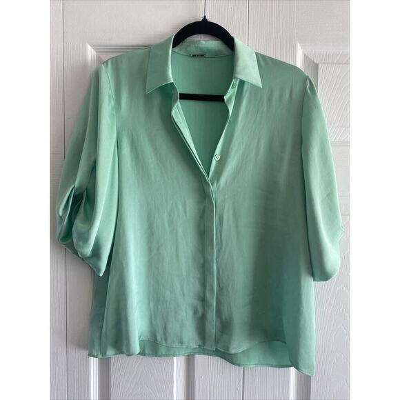 Alexis Button Up Small Blouse Career Light Green Sateen Flowy Garden Feminine - Picture 1 of 9
